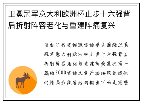 卫冕冠军意大利欧洲杯止步十六强背后折射阵容老化与重建阵痛复兴